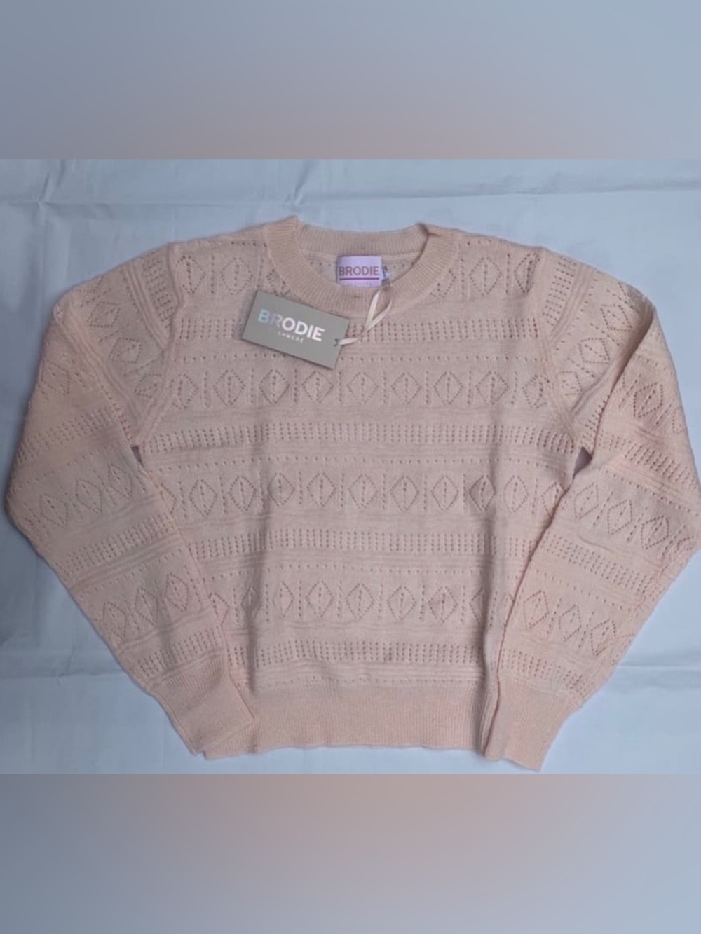 Brodie Cashmere Pale Pink Pointelle Crewneck Sweater